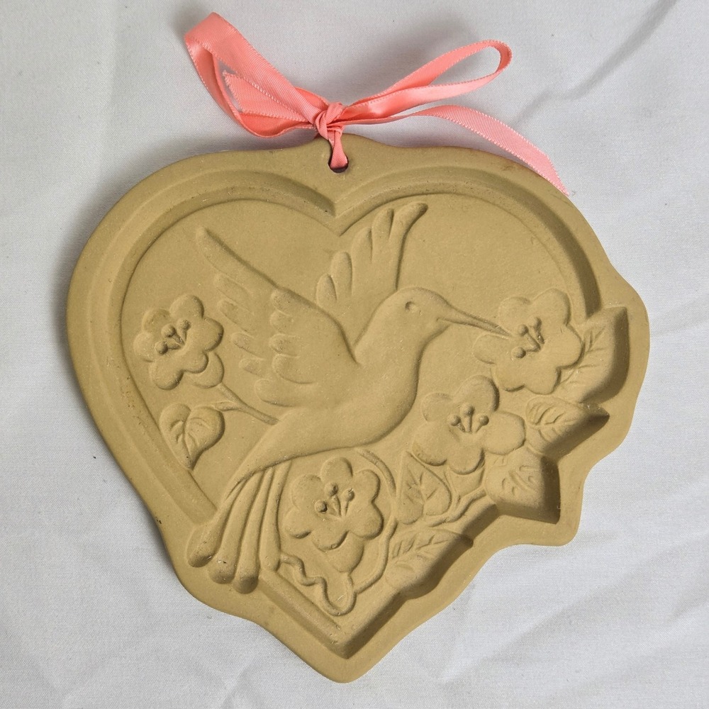Hill Design Brown Bag Cookie Art Stoneware‎ Mold Heart Hummingbird 6" Vtg 1992